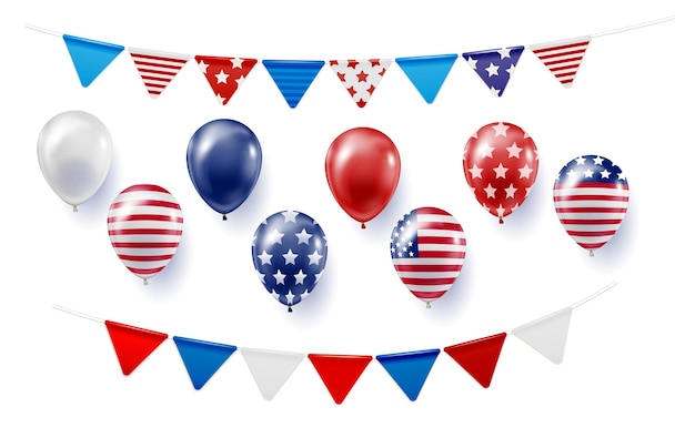 Set of realistic balloons flags with USA flag