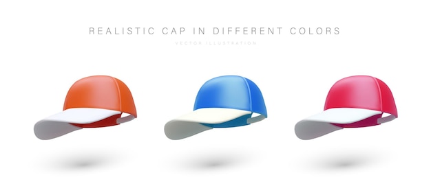 Set of realistic baseball caps in different colors Orange blue and pink headdress