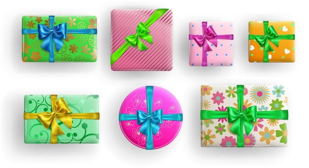 Set of realistic beautiful gift boxes with bows abd shadows on white background