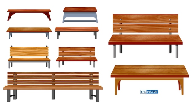 Vector set of realistic bench wood garden or street bench seat or bench cartooneps vector