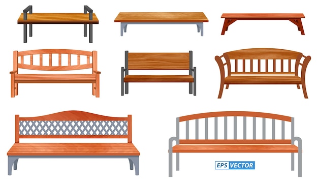 set of realistic bench wood garden or street bench seat or bench cartooneps vector