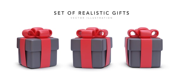 Набор реалистичных черных подарков с красными лентами с тенью на белом фоне Векторная иллюстрация