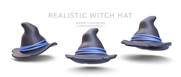 Vector set of realistic black wizard hat isolated on white background vector illustration