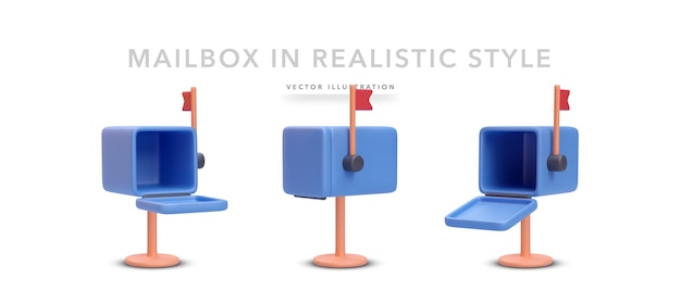 Set di icone realistiche della cassetta postale blu con ombra isolata su sfondo bianco illustrazione vettoriale