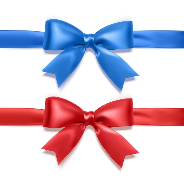 Vector set of realistic bows of red and blue colors for decoration of postcards, holiday boxes, etc., bows for decoration on a white background, vector eps 10 illustration