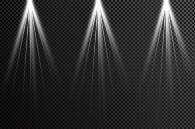 Vector set of realistic  bright projectors for scene lighting isolated on plaid background. special light effects collection.