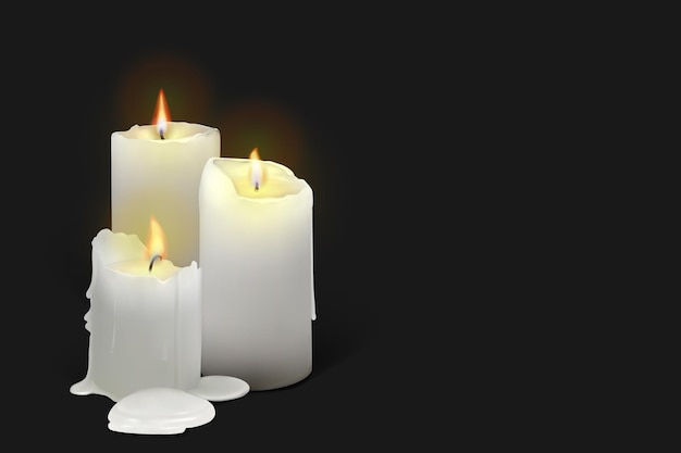 Vector set of realistic burning white candles on a black background. 3d candles with melting wax, flame and halo of light. vector illustration with mesh gradients. eps10.