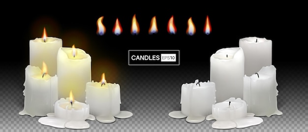 Set di candele bianche accese realistiche su uno sfondo trasparente. candele 3d con cera fondente, fiamma e alone di luce. illustrazione vettoriale con gradienti di maglia. eps10.