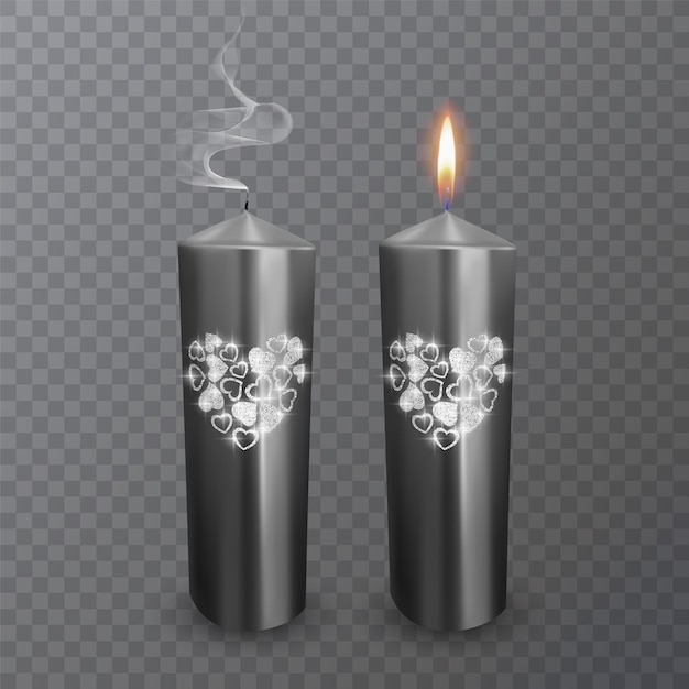 Vector set of realistic candles of black colors with a shiny coating of hearts