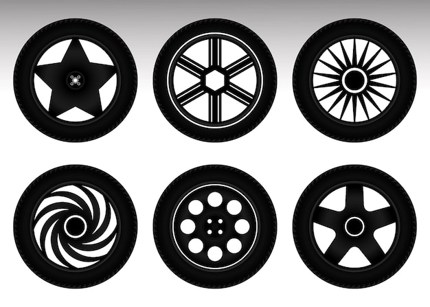 Set of realistic car wheels tire isolated.