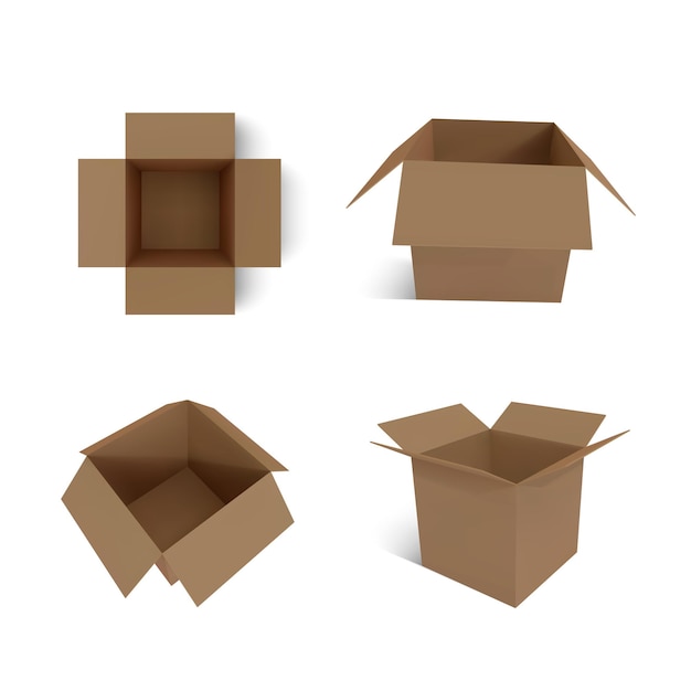 Set of realistic cardboard brown delivery boxes with shadow isolated on white background. Vector illustration.