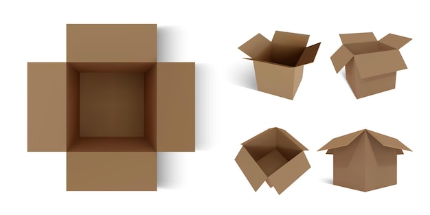 Set of realistic cardboard brown delivery boxes with shadow or postal parcel packaging isolated on white background. Open box. Top view. Vector illustration.