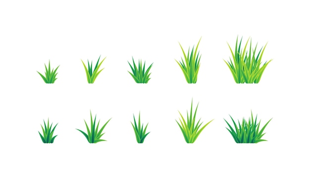 Set of realistic cartoon grass bunch Green grass for field garden or meadow Design elements