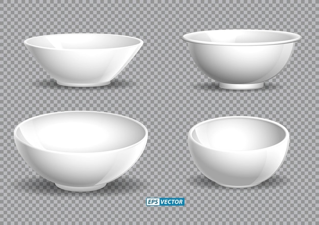 Vector set of realistic ceramic bowl or transparent bowl glasses or kitchenware equipment for restaurant