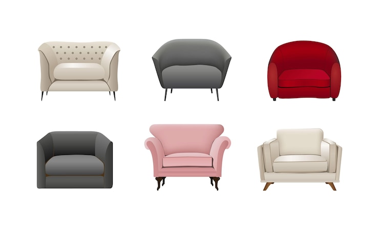Vector set of realistic chairs. 3d colorful elements for interior on white background. vector illustration
