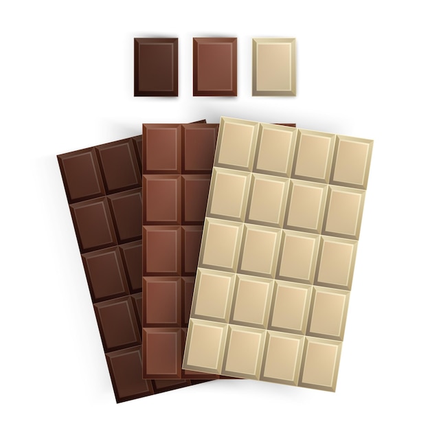 Vector set of realistic chocolate bar packaging, isolated  , milk, white and black chocolate bars