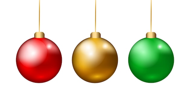 Set of realistic Christmas decoration balls red gold and green on a string Transparent background