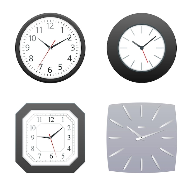 Set of Realistic classic black, white and silver round wall clock icon isolated on white background. Vector Illustration