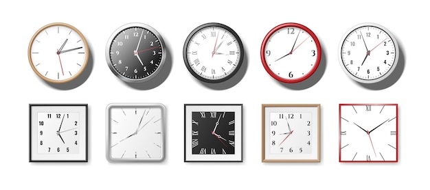 Set of realistic clocks and watches for office. Wall clocks round and square quartz clockwises. Modern 3d watches with white and black clock faces. Vector illustration