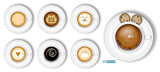 Vector set of realistic coffee cup cappuccino latte isolated or coffee cup assortment top view