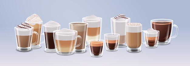 Vector set realistic coffee in glasses hot frappe caramel macchiato espresso americano latte cappuccino cocoa frappe glace drinks collection horizontal vector illustration