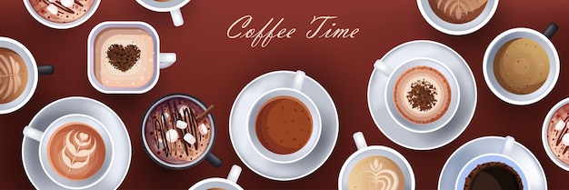 Set realistic coffee with different signs hot drinks collection horizontal vector illustration