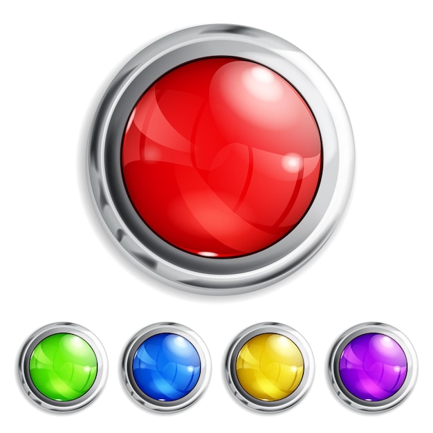 Vector set of realistic colored buttons with metallic borders