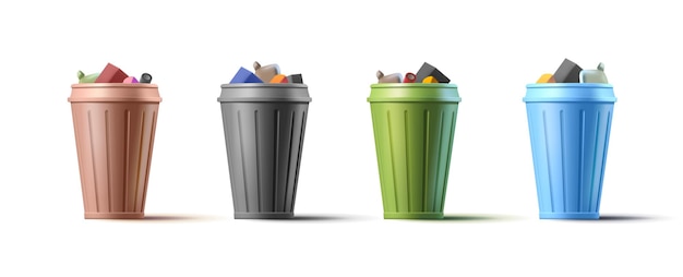 Set of realistic colored metal round garbage cans 3D Vector