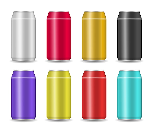 Set of realistic colorful aluminum drink cans. aluminum can with soda or juice isolated on transparent background for advertising.