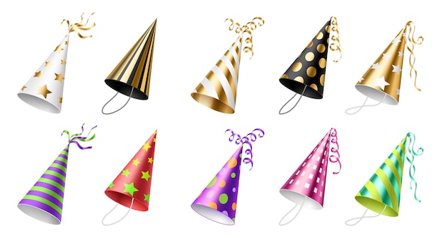 Set of realistic colorful party hat. Cone headwear for festive celebration bright with dots, stripes and ribbons. Funny holiday accessories isolated. 3d vector illustration