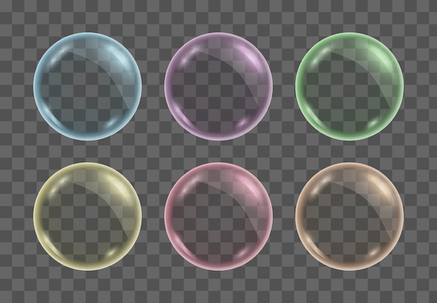 Vector set of realistic colorful transparent soap water bubbles, balls or spheres.