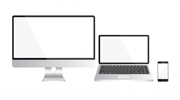 Set of realistic computer, laptop and smartphone isolated on white background. Empty or blank display screen. Computer mockup isolated on transparent background. Equipment for office.