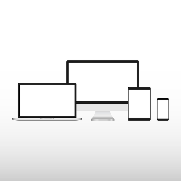 Vector set of realistic computer monitor laptop tablet and mobile phone with empty white screen