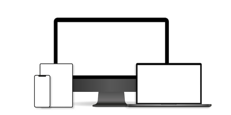 Vector set of realistic computer monitor, laptop, tablet and mobile phone.