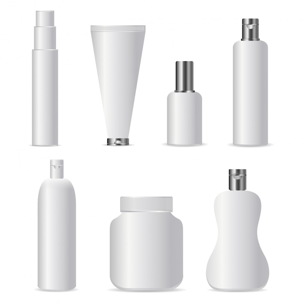 Set di flaconi per la cosmetica realistici per il branding e la copertura su sfondo bianco. modello vuoto bianco realistico mock up per e identità aziendale.