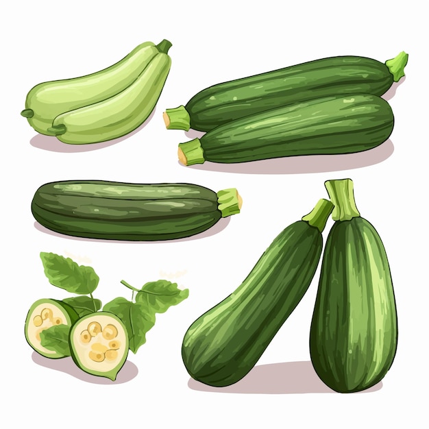 자연적인 그림자를 가진 현실적인 Courgette 일러스트레이션 세트