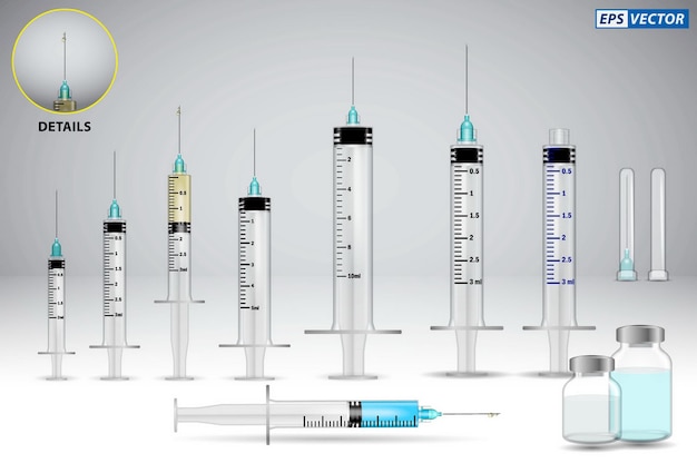 set of realistic covid19 vaccine injection or realistic vaccine ampule syringe or covid19