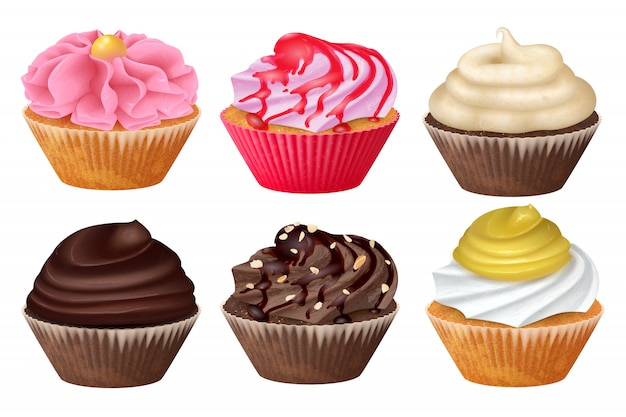Vector set  realistic cupcake, muffins with cream. 3d