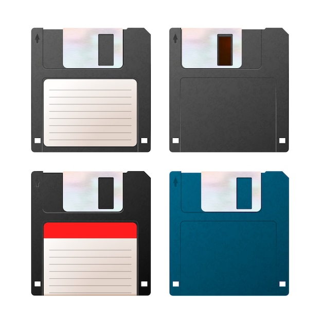 Set di floppy-disk dettagliati realistici, oggetti vintage su bianco