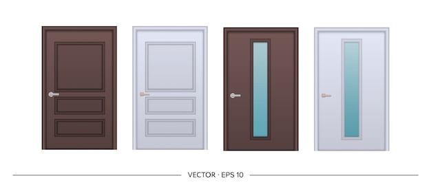 Vettore set di porte realistiche isolato su sfondo bianco. porta d'ingresso con inserto in vetro.