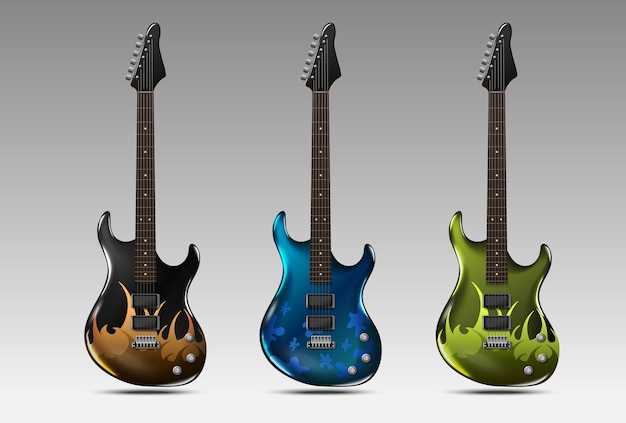 Set of realistic electric guitars.