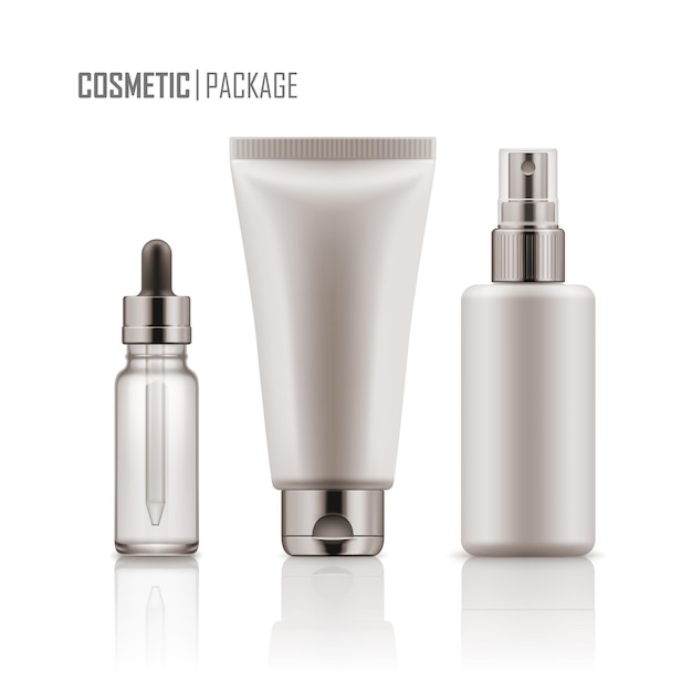 Set of realistic empty packages for skincare cosmetic Collection of blank template of container plastic tube for cream glass bottle for essence or serum spray Vector mockup isolated on white