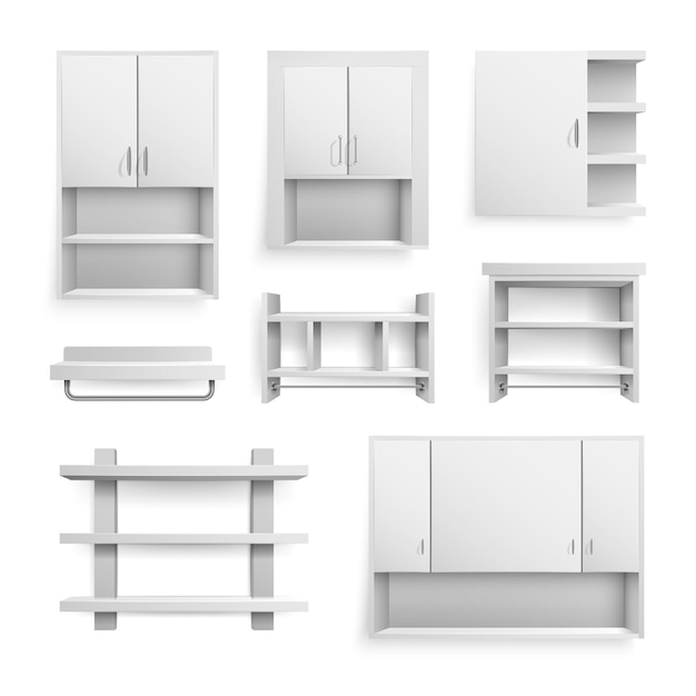 Set of realistic empty white shelves and cupboards with metal elements isolated vector illustration