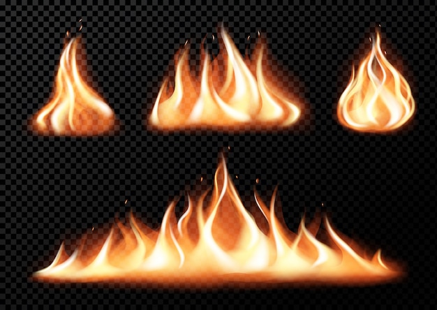 Set of realistic fire flames of various size with sparks on black  transparent background isolated vector illustration