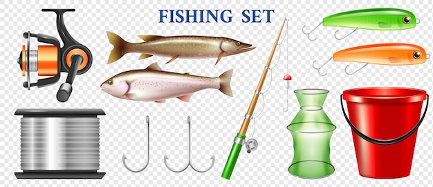 Vector set of realistic fishing elements with tackles rainbow trout and pike isolated on transparent surface illustration