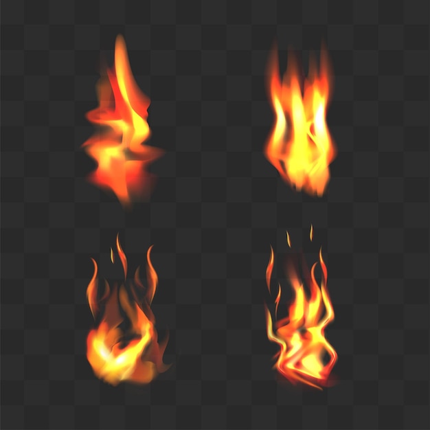 Vector set realistic flame fire transparent isolated mini fires on dark background vector illustration