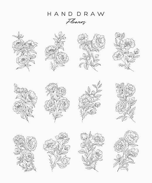 Vector set of realistic flowers and leaves