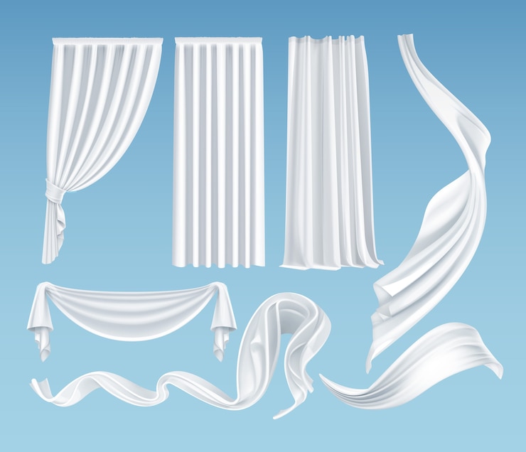 Vector  set of realistic fluttering white cloths, soft lightweight clear material and curtains isolated on gradient blue background