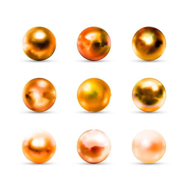 Vector set of realistic glossy golden balls with glares and reflection isolated on white