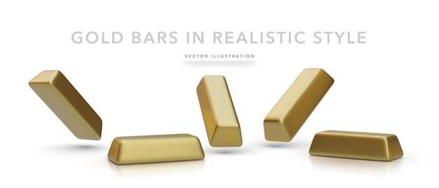 Set of realistic gold bars with shadow isolated on white background vector illustration